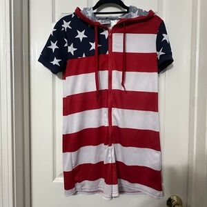 Red white and blue jumpsuit with hood